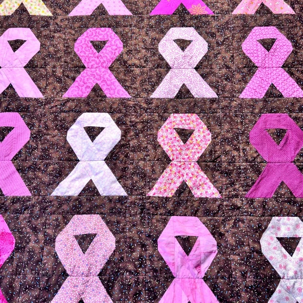 Quilt Breast Cancer‎ Awareness Handmade Ribbons of Hope Signed Brown Pink 60x42
